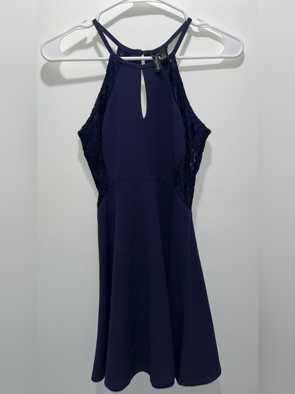 Navy Halter Lace-Trim Prom Dress